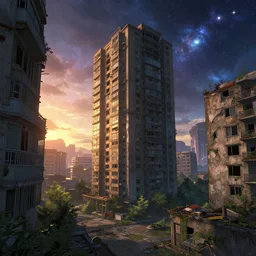 a beautiful very detailed rendering of abandoned apartment urbex by william pereira, anime morning sun at dusk vice city azeroth universe at night elysian cosmic, archdaily, wallpaper, highly detailed, trending on artstation.