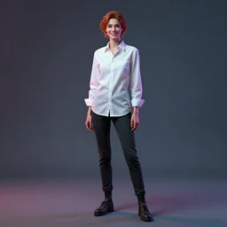 detailed character full body portrait of a skinny androgynous feminine merchant smirking white button shirt on smoky neon background artgerm greg rutkowski mucha