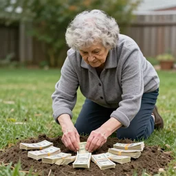 an old caucasian lady with curly gray hair burying stacks of dollars in the back yard