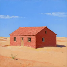 an house of red bricks in a middle of the desert, sky is blue with few clouds, oil painting on canvas