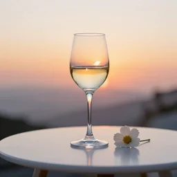 5 5 mm photo of glass of whitewineglass with flower on a zen minimalist round white table with marmalade sunset in the background. highly detailed 8 k. intricate. lifelike. soft light,