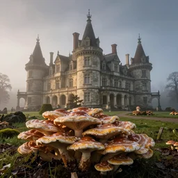 photograph of a fungal manor, 1 9 1 6, fog, atmospheric