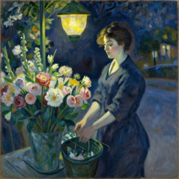 woman selling flowers under a lamp, at night. painting by degas, monet, henri de toulouse - lautrec, agnes pelton, hopper