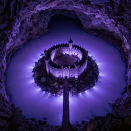 circular limestone castle on an island in an underground cave, surrounded by a lake of faint purple glowing liquid metal, connected to shore via a wide bridge, aerial view, indigo purple palette
