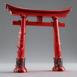3 d render of a red torii gate sculpture, chrometype, made of liquid metal and marble, neotribal with thorns, japanese temple, raytraced, volumetric lightning, 8 k, by zhelong xu, ouchh and and innate studio