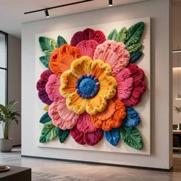 : colorful abstract puffy floral sculpture art on the wall in modern architecture studio, cinematic lighting, hyper - realistic, detailed, render by c 4 d octane, unreal engine, 8 k 3 d render