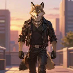 key anime visual portrait of a handsome male anthro wolf furry fursona wearing a leather outfit as he walks outdoors in a city at sunset, official modern anime scene
