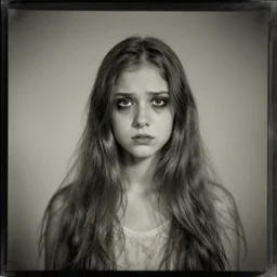 young eery creepy scary girl with long confused hair, old tintype photo,
