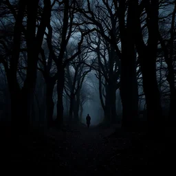 forest path, ancient trees, shrew - silhouettes, shadowed, overgrown, hiding - treasure - hiding, serene evening atmosphere, color noir