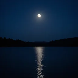 lake in a totally dark place with a moon