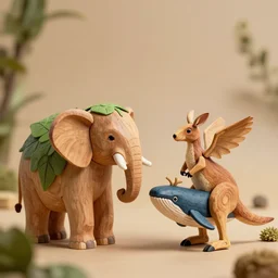 every now an then, when i dream, i dream abou puppets, trending on artsstation, 8 k, high - res, cinema 4 d, depth of field a wooden figurine of a leavy, leaves, elephant and a kangaroo whale with horns, wings, and a spiky tail wood : 1 0, native : - 1 0, naive : 3, exotic : 5