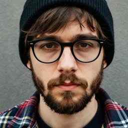 a colored colorized photograph portrait of jerma with bangs, thick rimmed black glasses, a beanie, and a flannel jacket with a beard in the mid 2 0 1 0 s, taken in the early - mid 2 0 1 0 s, grainy, taken on an iphone 4, realistic, hyperrealistic, very realistic, highly detailed, very detailed, extremely detailed, detailed, digital art, intricate details, real life, trending on artstation, body and head in view, body and headshot, colored photo, detailed face, very detailed face