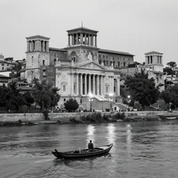 a man on a small boat on a river with vertical ancient city backround, b & w, flares, neoclassical architecture, ancient high buildings, classical temples