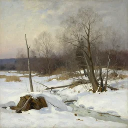 first spring with melting snow after the impact winter post cretaceous – paleogene extinction event, life is starting to adapt to a changed world, in the style of hudson river school of art, oil on canvas