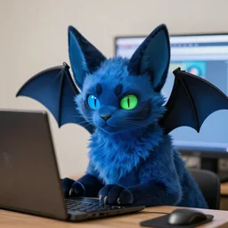 a blue - and - black male blue / green heterochromatic catbat fursona with blue / green heterochromatic eyes ( one eye green ) and huge bat ears, photo of the catbat streaming on his computer