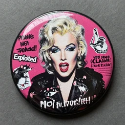 painting on a badge!!!!, photo of a marilyn manson, punks not dead!!!!, exploited!!, clash, junk yard, rats!!, god save the queen!!!, punk rock album cover art style, grunge, no future!!!!