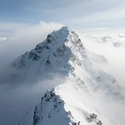 taking from above, snowcapped mountain with lots of fog and there was a giant on the top of the mountain. high detail, photorealistic, good lighting, unbelievable.