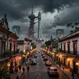 a futuristic traditional mexican colony, blade runner 2 0 4 9 city architecture, cyberpunk mexican futuristic colonial architecture, spacex starship rocket launch site, environmental lighting, stormy weather, ray tracing, people walking on street, amazing view, highly detailed, heavy traffic, neon shops, octane render, unreal engine 5, 4 k
