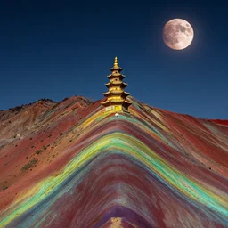 ancient pagoda on vinicunca rainbow - colored mountain during meteor shower on blood moon, beautiful, stunning scenery