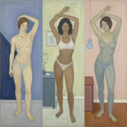 An abstract painting depicting three figures in three different rooms doing different poses, pastel colours, intresting geometry