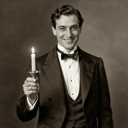 ultra realistic sepia portrait of a 1 9 2 0 s era smiling, magician, a tall, thin man, well dressed, slicked - back black hair, long - tailed tuxedo coat, black bow tie, holding a candle, atmospheric lighting, painted, intricate, ultra detailed by leesha hannigan, thierry doizon, kai carpenter, well composed, best on artstation, cgsociety, epic, stunning, gorgeous, intricate detail, wow, masterpiece