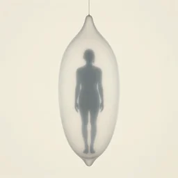 human silhouette in a giant translucent cocoon by mariko mori, spiritual atmosphere, cream white background, space for your mind