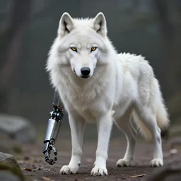 anthropomorphic white wolf with a left robot arm