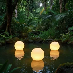 photo of 3 glowing orbs floating above the water in a pond surrounded by a lush jungle