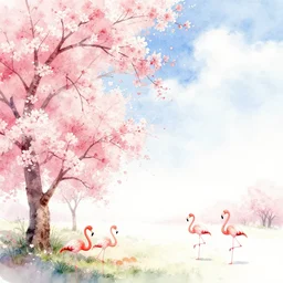 watercolor landscape, cherry blossoms, sky, clouds, flamingos, high key lighting,