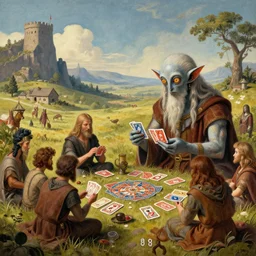 fantasy landscape made by moebius with a 8 eyed humanoid god dealing cards over a medieval field