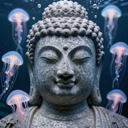 a stunning ultra detailed underwater fantasy closeup photo of a buddha head granite statue surrounded by bioluminescent jelly fishes, by tomasz alen kopera and tom bagshaw, water bubbles, very detailed, deep depth of field, 8 5 mm lens, soft lighting, artstation, highly coherent, 8 k