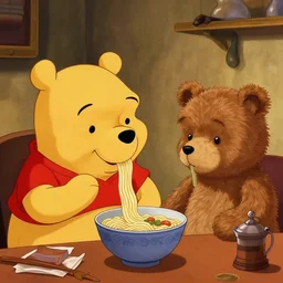 winnie the pooh and tedy bear are eating noodles in movie called in the mood for love ( 2 0 0 0 ), frida style, under a soft light, photo.