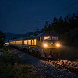 a train in beautiful landscape, at night, f / 1, 1 / 2 shutter speed, iso 4 0 0