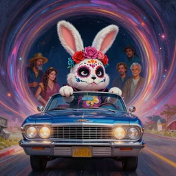 matte sharp painting, close - up of a amc marlin lowrider, being driven by a cute fluffy female bunny in a dia de los muertos face makeup through a quantum wormhole, juxtapoz, artforum, gary baseman, preston blair, tex avery, dan mumford, pedro correa
