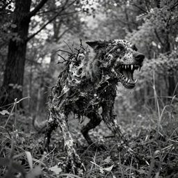 infrared black and white trailcam footage of a creepypasta horror monster canine creature, long treebranch limbs, rusty teeth, decaying flesh, liminal, nightmare, analog horror, scp foundation, terrifyingly creepy, pointy teeth all over