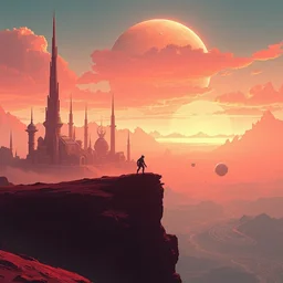 detailed concept art of a fantastic space city, tiny robot on a planet with multiple little moons against a breathtaking sky, by syd mead, by noah bradley, fantasy art, octane, by simon stalenhag, red colour scheme