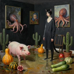 realistic painting of a flooded artist's apartment and a tall emo catgirl, assorted gourds, a pig, an octopus reaching out from inside paintings on black walls, pomegranates, cactus, octopus, courgettes, 1 6 mm, berries, zen, sensual, surrealist painting by magritte and rousseau and monet