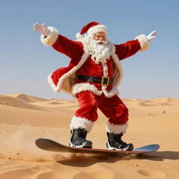 beautiful lifelike studio painting of santa riding a snowboard!!!!! with two outstretched arms in the hot humid yellow sandy sahara desert. full body, beautiful perfectly shaded cinematic lighting, very very coherent, trending on artstation, greg rutkowski, hyper detailed, 4 k, high quality, smooth, sharp focus
