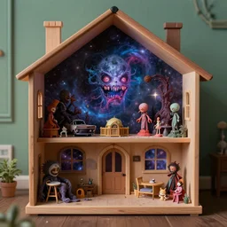 a dollhouse filled with cosmic horrors, cutaway in wes anderson style, digital art, highly detailed