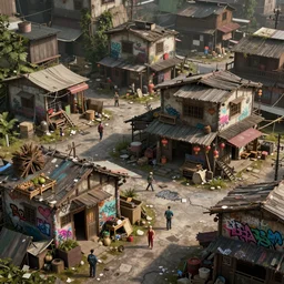 an intricate concept art of an asian street with makeshift shacks and graffiti, ultra realistic, hyper detail, style by feng zhu and artgerm, trending on artstation, cgsociety, 8 k, octane render, high contrast, 3 d render, cgi, cinematic lighting