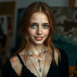 a portrait photograph of a crazy beautiful young woman painter in her studio with vampire fangs, wearing a black dress and silver necklace, copper brown hair, dark blue eyes, dof, sharp focus, slight smile, pale, highly detailed symmetric face realistic iris, 4 k cinestill 8 0 0 t exif raw, photography by paolo roversi