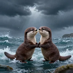 beautiful fantasy illustration hyper detailed a pair of cute otters falling in love holding hands in a huge storm at sea cinematic dreamlike trending on artstation masterpiece