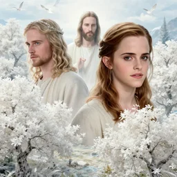 a fantasy landscape with white beautiful trees, jesus christ, emma watson, perfect faces