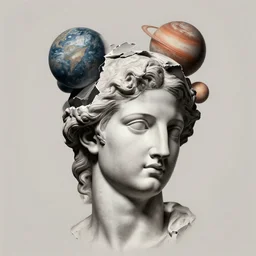 planets on the top of a broken renaissance head statue, realism tattoo