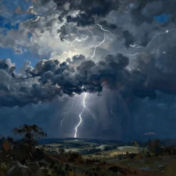 a beautiful painting of epic skycape with thunder clouds and storm over a moody landscape by albert bierstadt and joseph zbukvic, moody blue dark color scheme, high detail, trending on artstation