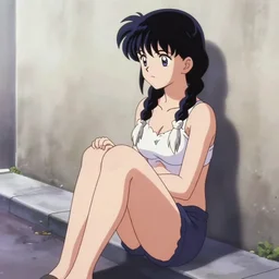 anime art, girl sitting on street, against wall, alone, crossed legs, looking left, white braids, singular, akira toriyama, styled, mid filter, anime, portrait