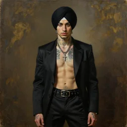 portrait of a handsome sikh posing in a black outfit, punk, shirtless tattoos, piercings, a flemish baroque by alexander mcqueen, art by john collier by greg rutkowski and craig mullins, oil on canvas