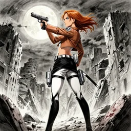 instagram, scarlett johansson holding 9 mm! attack on titan anime style, full body profile, dynamic wide angle lens, manga style, by masamune shirow and greg rutkowski, pencil and ink, full moon lighting, fully clothed, hot pants, in a post apocalyptic city