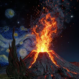 3d render of a volcanic eruption flowing and flying through interstellar deep space depicted by Vincent van Gogh, octane render