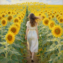 a girl slowly walking through amazing tall sunflower field, her hair flowing down, subtle, intricate details, real masterpiece, impressionist painting, by gustave caillebotte